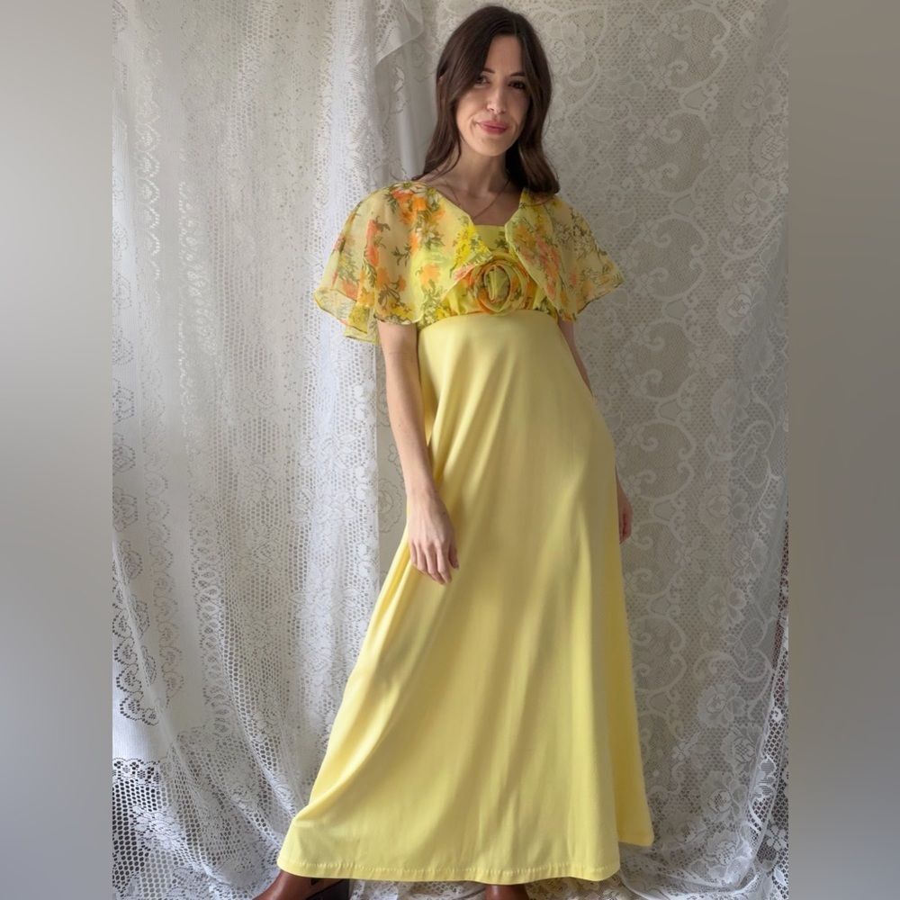 Vintage Yellow Floral Chiffon Maxi Dress 70s Prairie Garden Party - Picture 12 of 14